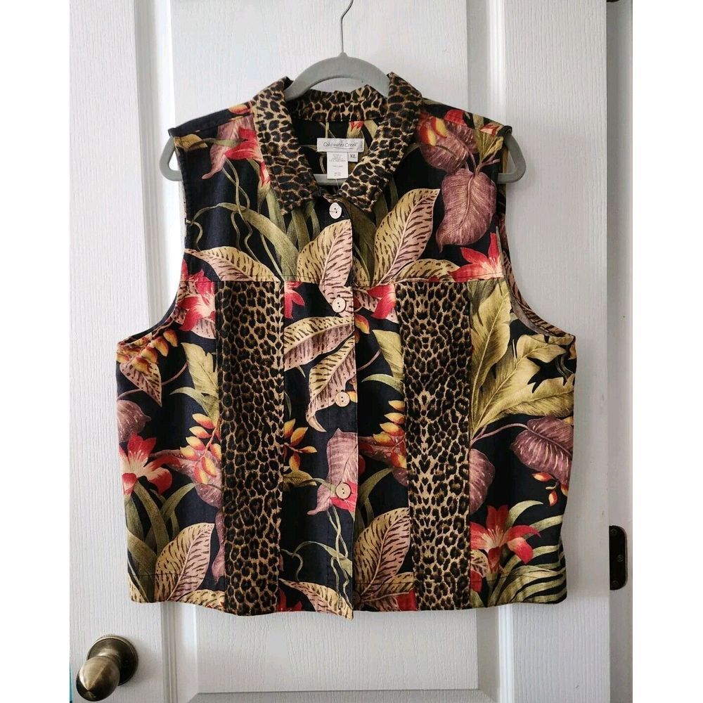 Coldwater Creek Women's Vest Tropical Leopard Print Sleeveless Cotton Size XL‎